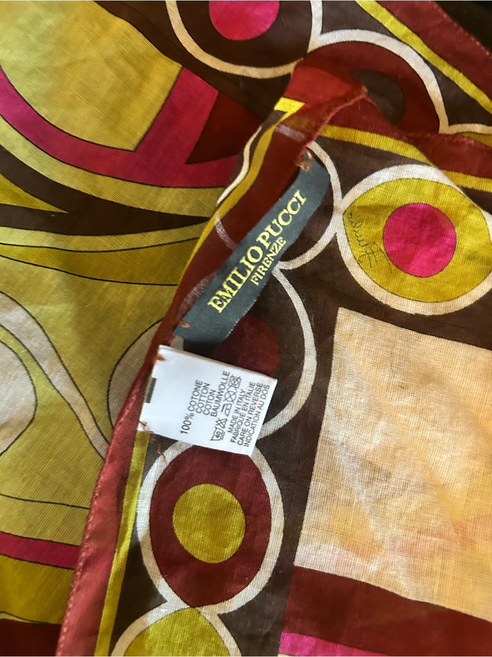 Vintage Emilio Pucci Vibrant Pink, Yellow & Brown Circular Print Cotton Scarf - Picture 3 of 4